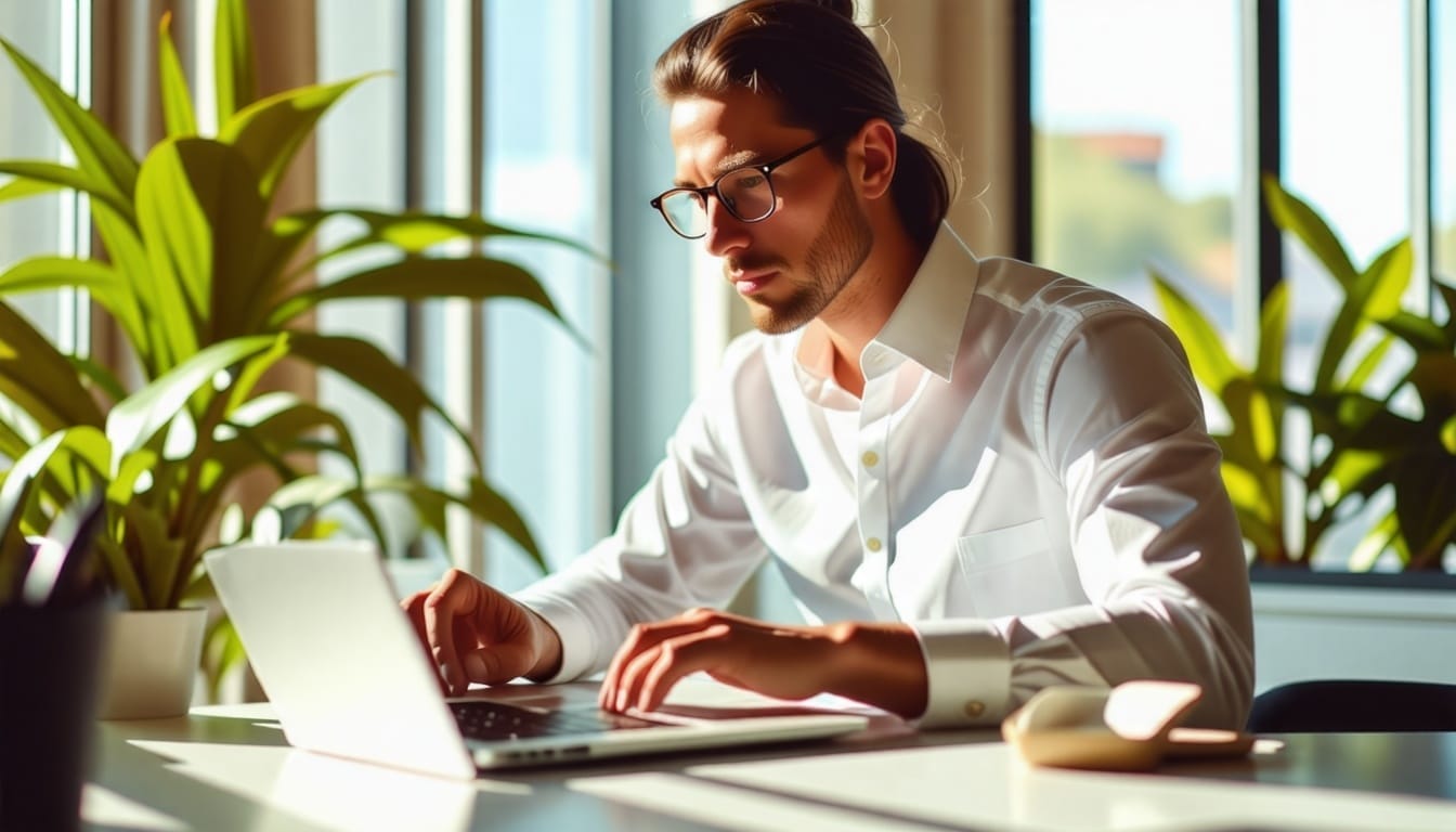un-professionnel-des-affaires-utilisant-linkedin-sur-un-ordinateur-portable-dans-un-bureau-moderne-entoure-de-lumiere-naturelle-et-dune-plante-en-arriere-plan