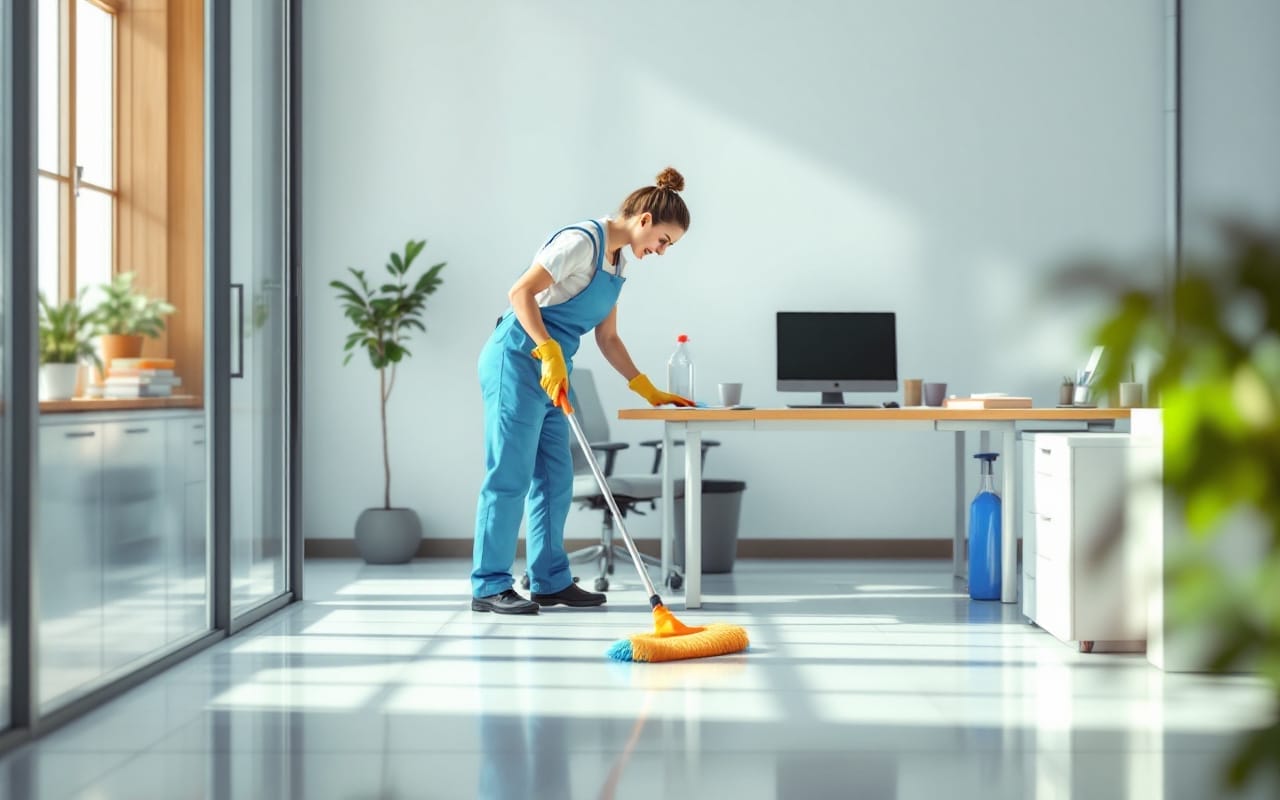 une-femme-de-menage-nettoie-un-bureau-vide-avec-un-espace-de-travail-soigne-eclairage-lumineux-et-reflets-subtils-au-sol