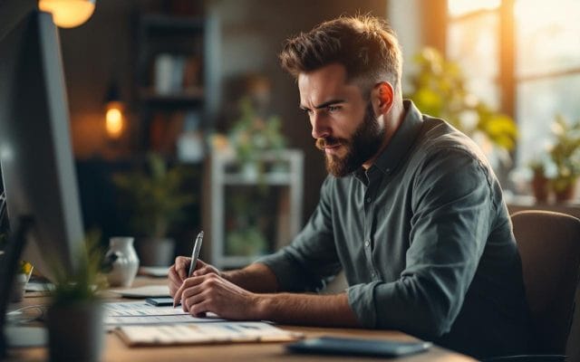 Un responsable des ressources humaines travaillant sur des documents numériques dans un bureau moderne, concentré sur son ordinateur avec une lumière naturelle douce.