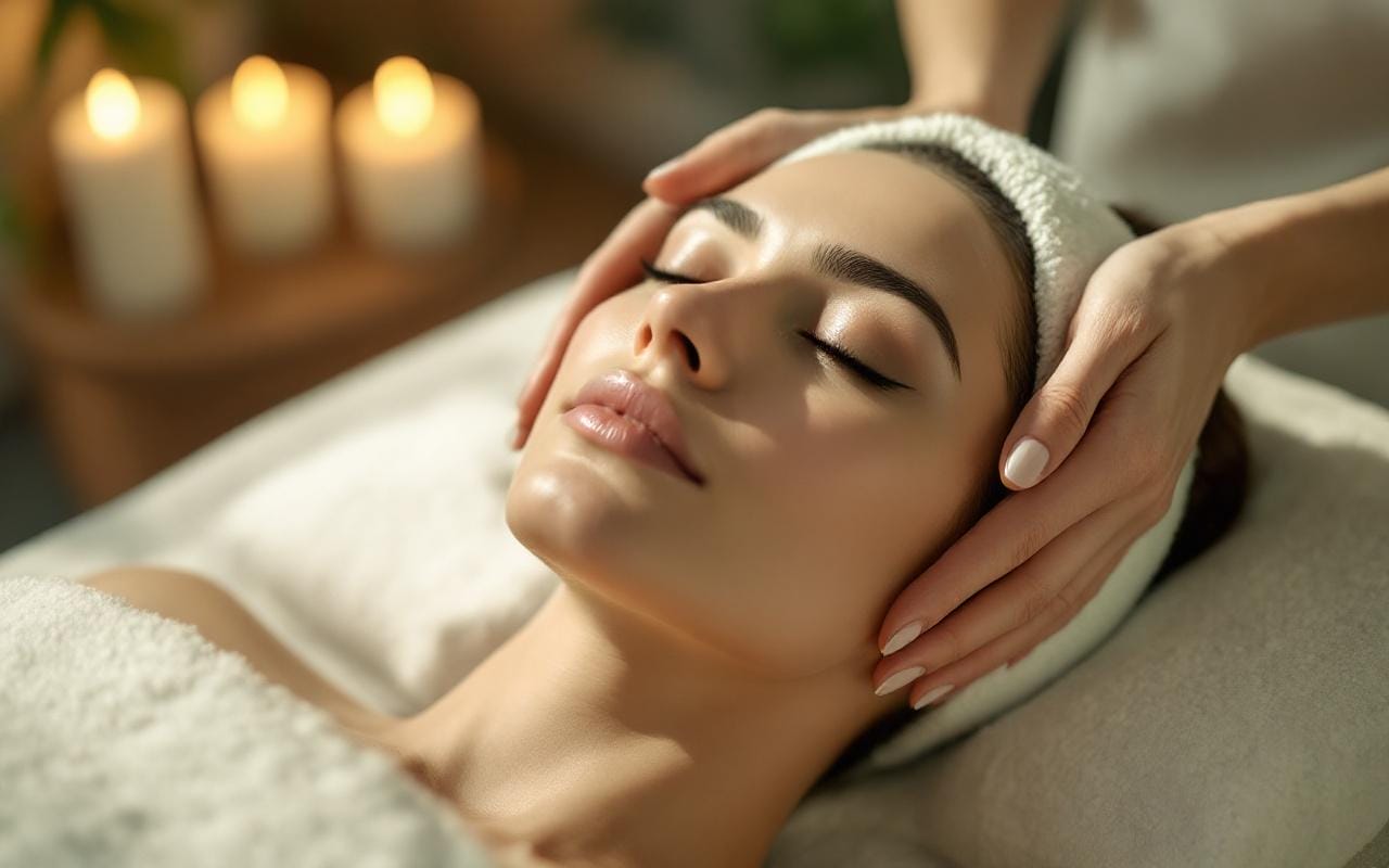 Une esthéticienne effectue un massage facial relaxant sur une cliente allongée dans un spa élégant, peau naturelle, serviette blanche, bougies allumées, plantes vertes, éclairage volumétrique doux et atmosphère sereine.