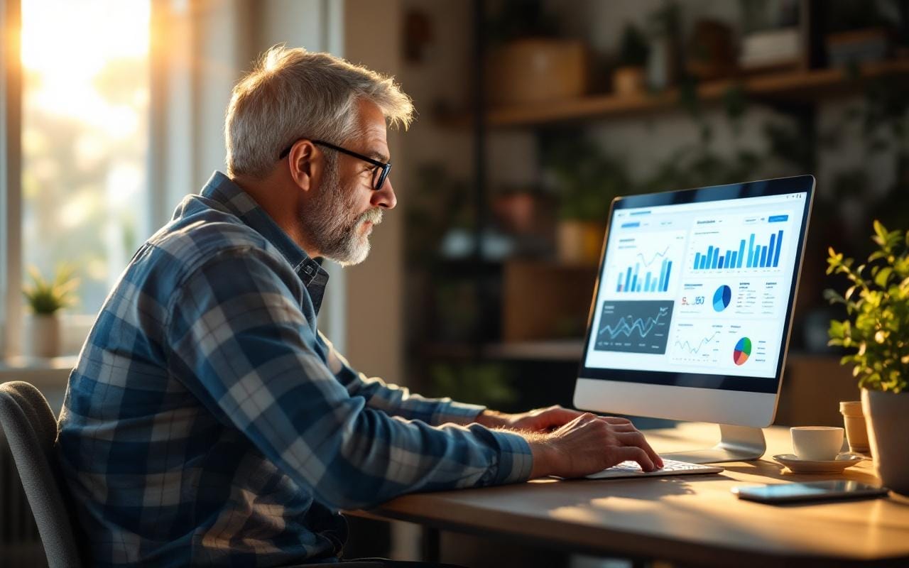 Un propriétaire assis à un bureau en bois, consultant l'écran d'un ordinateur portable affichant un tableau de bord de logiciel de comptabilité avec graphiques et factures, baigné par une lumière chaude du matin et des rayons volumétriques créant des ombres douces.
